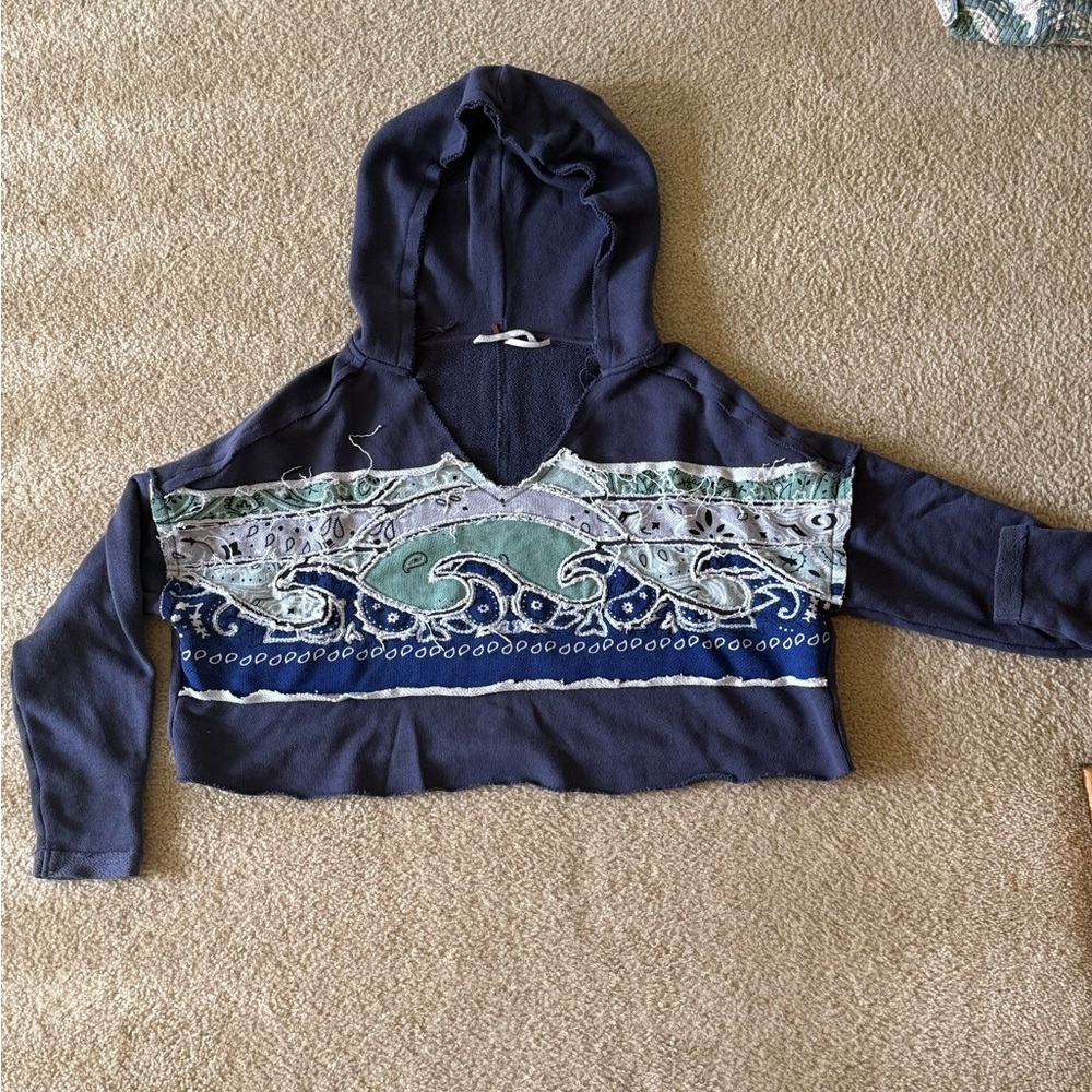 Free People Navy and Green Patterned Hoodie
